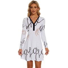 Seamless Pattern Coffee Text Long Sleeve Deep V Mini Dress 