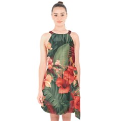 Tropical Flower Bloom Halter Collar Waist Tie Chiffon Dress