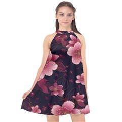 Flower Sakura Bloom Halter Neckline Chiffon Dress 