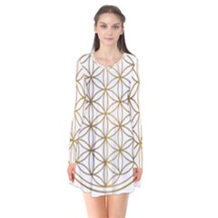 Gold Flower Of Life Sacred Geometry Long Sleeve V-neck Flare Dress