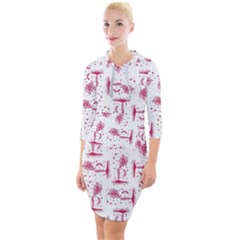 Fantasy Landscape Scene Sketchy Illustration Motif Pattern Wb Quarter Sleeve Hood Bodycon Dress