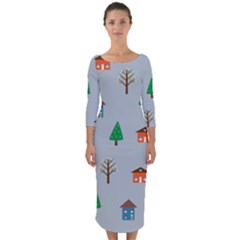 House Trees Pattern Background Quarter Sleeve Midi Bodycon Dress