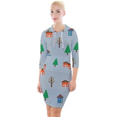 House Trees Pattern Background Quarter Sleeve Hood Bodycon Dress