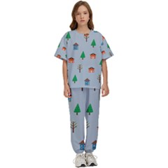 House Trees Pattern Background Kids  T-shirt And Pants Sports Set