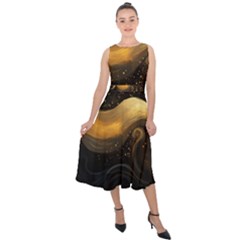 Abstract Gold Wave Background Midi Tie-back Chiffon Dress