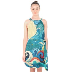 Waves Wave Ocean Sea Abstract Whimsical Halter Collar Waist Tie Chiffon Dress