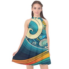 Waves Ocean Sea Abstract Whimsical Art Halter Neckline Chiffon Dress 