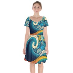 Waves Ocean Sea Abstract Whimsical Art Short Sleeve Bardot Dress