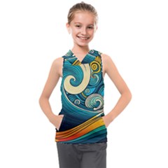 Waves Ocean Sea Abstract Whimsical Art Kids  Sleeveless Hoodie by Maspions