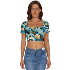 Wave Waves Ocean Sea Abstract Whimsical Short Sleeve Square Neckline Crop Top 