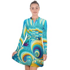 Abstract Waves Ocean Sea Whimsical Long Sleeve Panel Dress