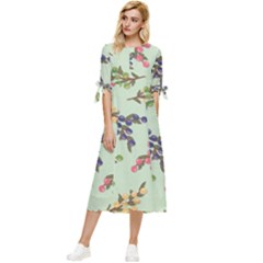 Berries Flowers Pattern Print Bow Sleeve Chiffon Midi Dress