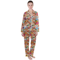 Pop Culture Abstract Pattern Women s Long Sleeve Satin Pajamas Set	