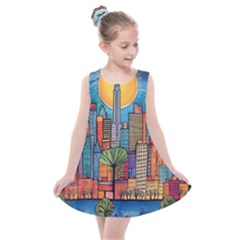 City New York Nyc Skyscraper Skyline Downtown Night Business Urban Travel Landmark Building Architec Kids  Summer Dress by Posterlux