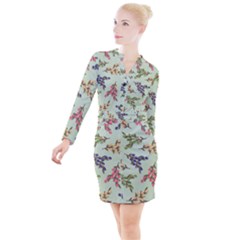 Berries Flowers Pattern Print Button Long Sleeve Dress