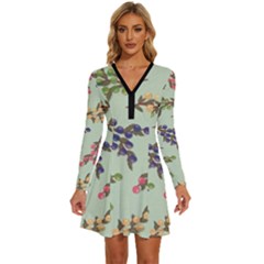 Berries Flowers Pattern Print Long Sleeve Deep V Mini Dress 