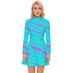 Wave Stripe Pattern Design Aqua Long Sleeve Velour Longline Dress by Ndabl3x