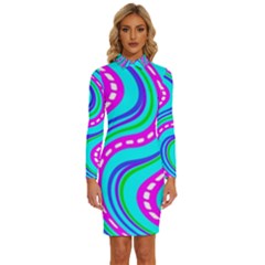 Swirls Pattern Design Bright Aqua Long Sleeve Shirt Collar Bodycon Dress by Ndabl3x