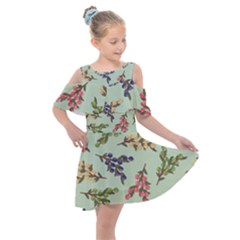 Berries Flowers Pattern Print Kids  Shoulder Cutout Chiffon Dress