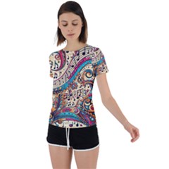 Paisley Print Musical Notes Back Circle Cutout Sports T-shirt