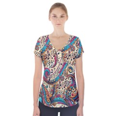 Paisley Print Musical Notes Short Sleeve Front Detail Top by RiverRootz