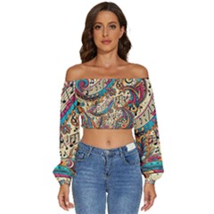 Paisley Print Musical Notes Long Sleeve Crinkled Weave Crop Top by RiverRootz