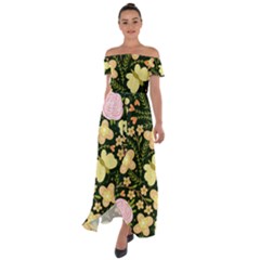 Flowers Rose Blossom Pattern Off Shoulder Open Front Chiffon Dress