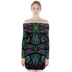 Fractal Green Black 3d Art Floral Pattern Long Sleeve Off Shoulder Dress