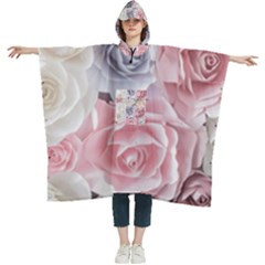 Pastel Rose  Flower Blue Pink White Women s Hooded Rain Ponchos by Cemarart