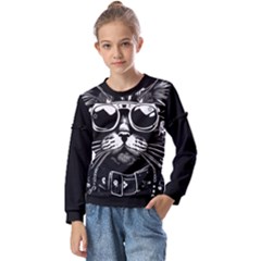 Schwarz Katze Punk Kids  Long Sleeve T-shirt With Frill 