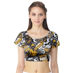 Boom Bang Art Crazy Drawing Graffiti Hello Retro Sayings Yellow Short Sleeve Crop Top by Bedest