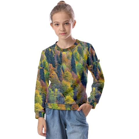 Forest Trees Leaves Fall Autumn Nature Sunshine Kids  Long Sleeve T-shirt With Frill  by Ravend