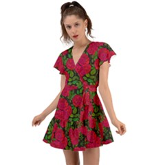 Seamless Pattern With Colorful Bush Roses Flutter Sleeve Wrap Dress