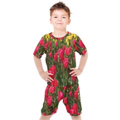 Yellow Pink Red Flowers Kids  T-shirt And Shorts Set