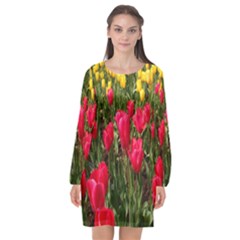 Yellow Pink Red Flowers Long Sleeve Chiffon Shift Dress 