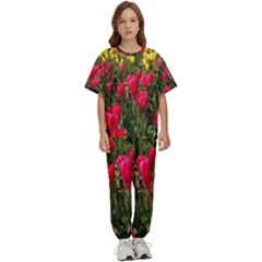 Yellow Pink Red Flowers Kids  T-shirt And Pants Sports Set by Azkajaya