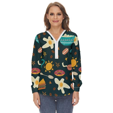 Seamless-pattern-with-breakfast-symbols-morning-coffee Zip Up Long Sleeve Blouse by Ket1n9