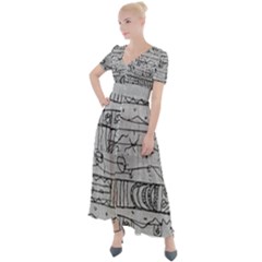 Black And White Hand Drawn Doodles Abstract Pattern Bk Button Up Short Sleeve Maxi Dress by dflcprintsclothing