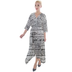 Black And White Hand Drawn Doodles Abstract Pattern Bk Quarter Sleeve Wrap Front Maxi Dress by dflcprintsclothing