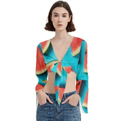 Watermelon Blue Background Trumpet Sleeve Cropped Top