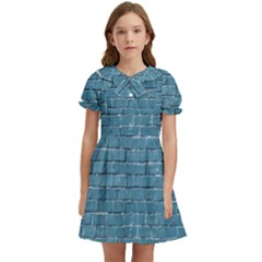 White And Blue Brick Wall Kids  Bow Tie Puff Sleeve Dress by Azkajaya