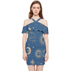 Seamless Galaxy Pattern Shoulder Frill Bodycon Summer Dress