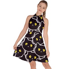 Cat Pattern Pet Drawing Eyes Sleeveless Halter Neck A-line Dress