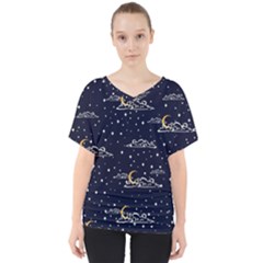 Hand Drawn Scratch Style Night-sky-with-moon-cloud Space Among-stars-seamless Pattern Vector Design V-neck Dolman Drape Top by Ket1n9