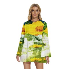 Yellow Flowers Round Neck Long Sleeve Bohemian Style Chiffon Mini Dress