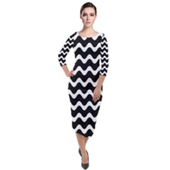 Wave-black White Quarter Sleeve Midi Velour Bodycon Dress