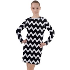 Wave-black White Long Sleeve Hoodie Dress