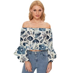 Indigo Watercolor Floral Seamless-pattern Off Shoulder Flutter Bell Sleeve Top