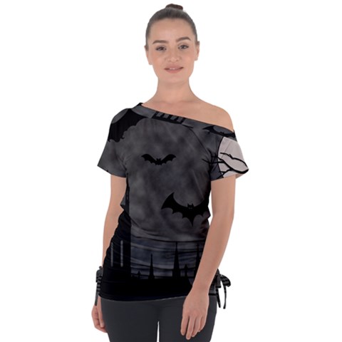 Halloween Background Halloween Scene Off Shoulder Tie-up T-shirt by Ket1n9