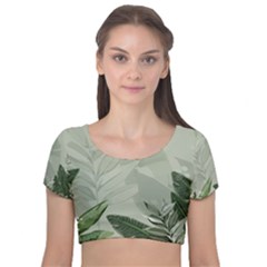 Banana Leaf Plant Pattern Velvet Short Sleeve Crop Top 